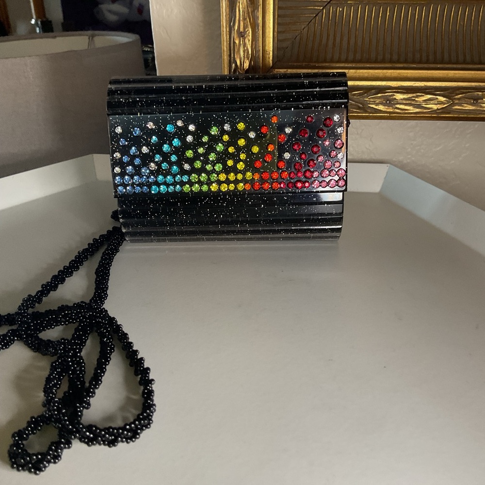 KURT GEIGER MINI PARTY CLUTCH REMOVABLE BEADED STRAP BLACK WITH CRYSTALS NWOT - Picture 2 of 11